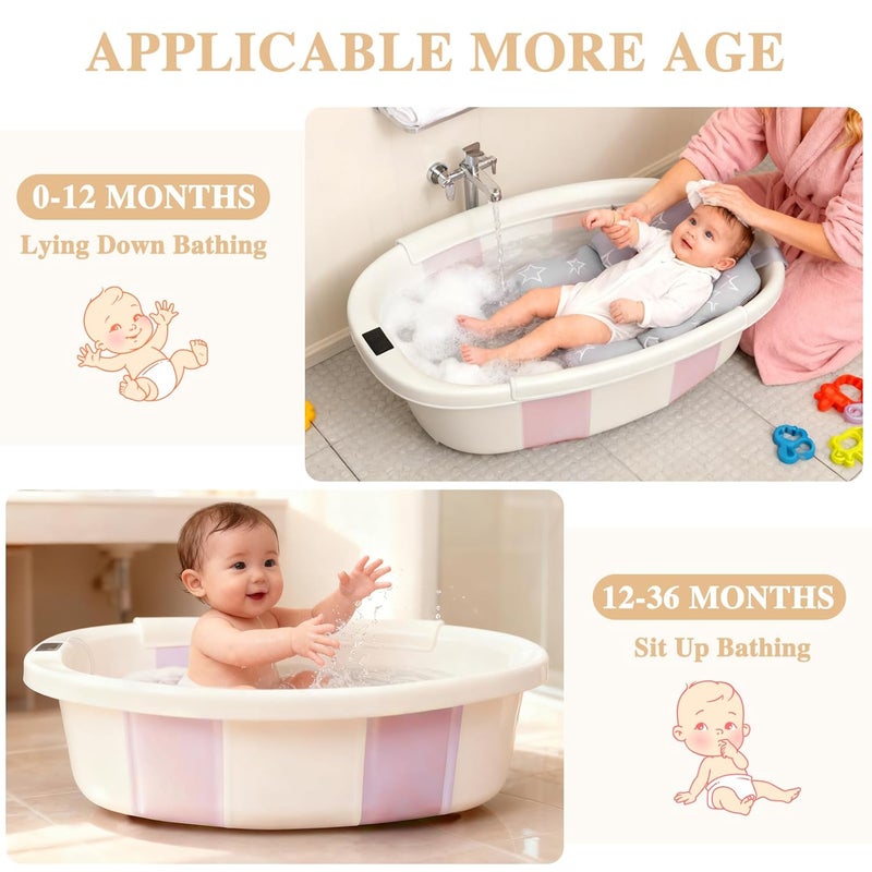EverKiddo Baby Bathtub, Baby Bath Tub with Thermometer & Soft Cushion, Collapsible Infant Bathtub for Newborn to Toddler 0-36 Months, Quick Use & Portable for Travel(Pink) - Image 4